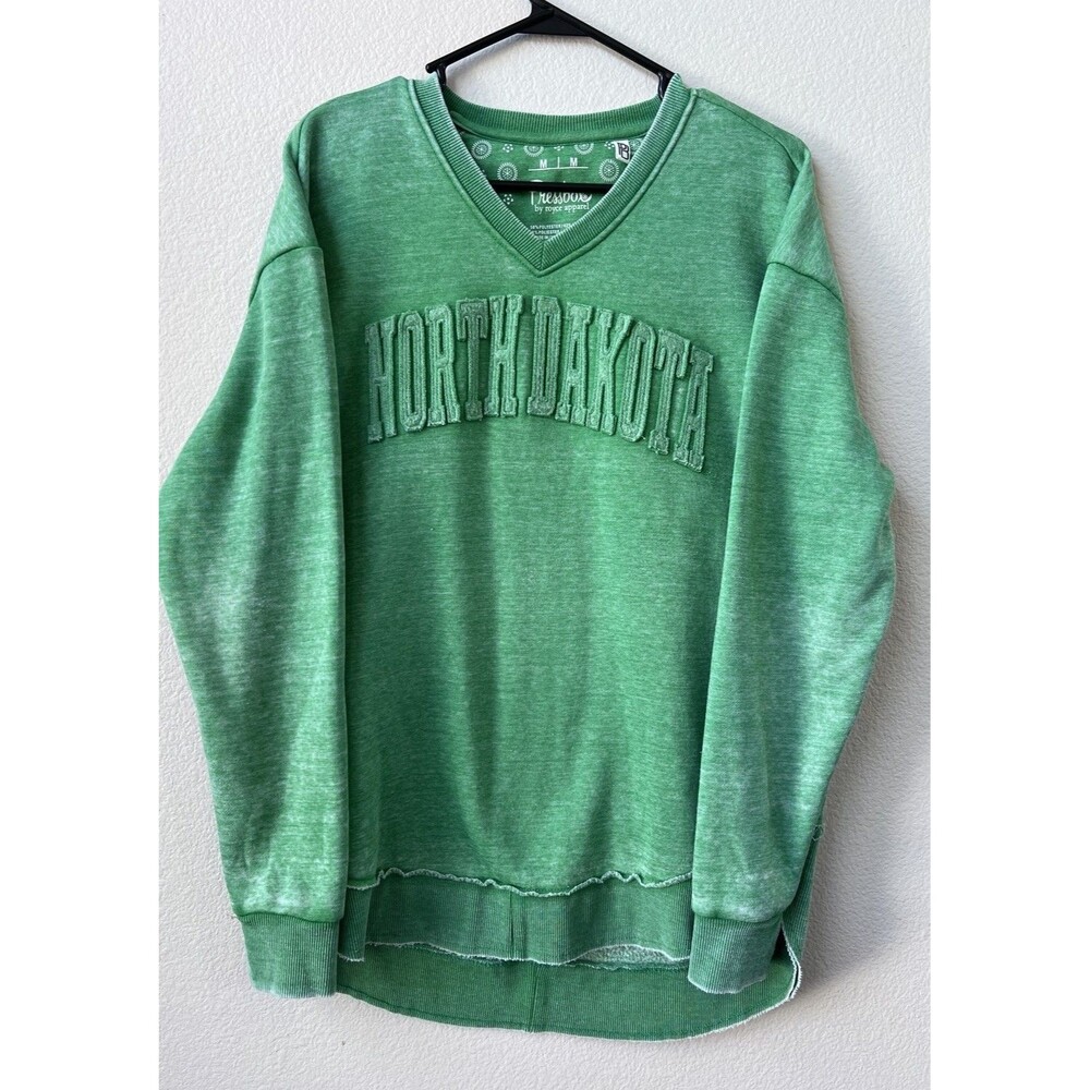 Pressbox North Dakota Sweatshirt Womens M Green V-Neck Raw Hem Fleece Pullover